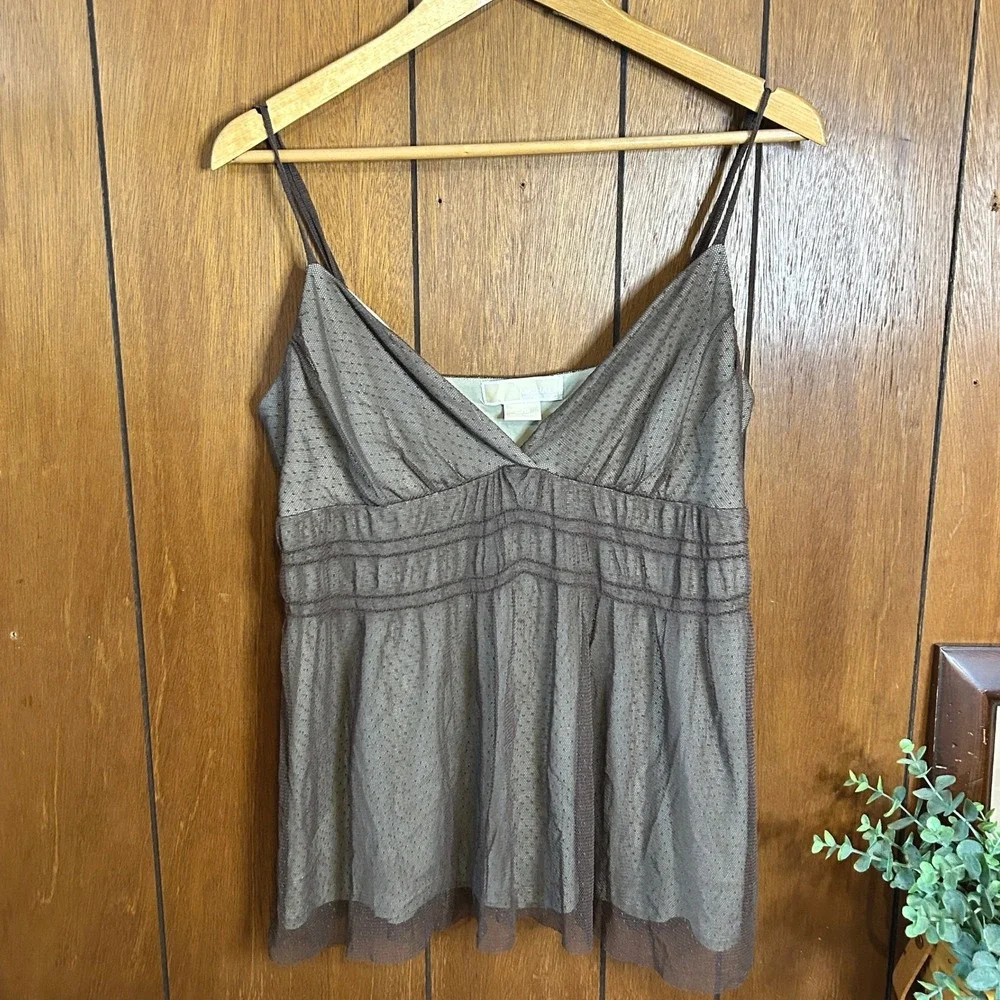 Michael Kors Brown Polka Dot Tulle Cami Top Womens Large L y2k‎ Babydoll
